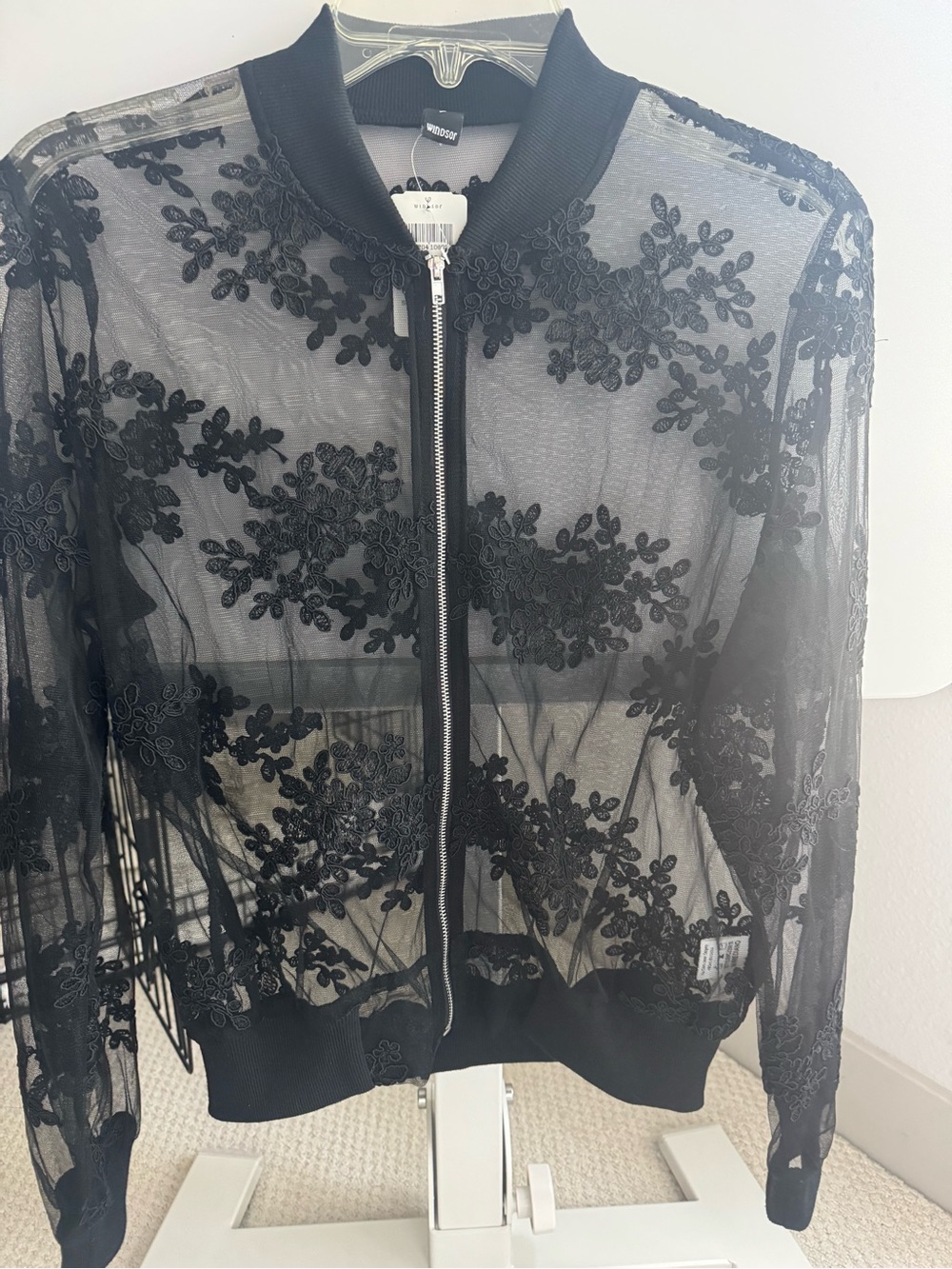 Sheer Floral Lace Bomber Jacket - Black size medium